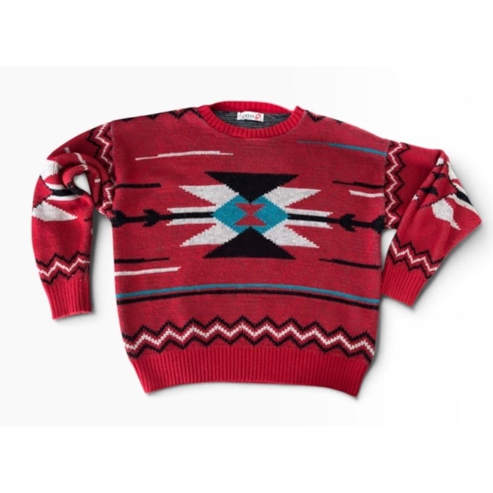 Vintage 70s Pandora‎ Sweater Women M Red Southwest Geometric Knit Tribal